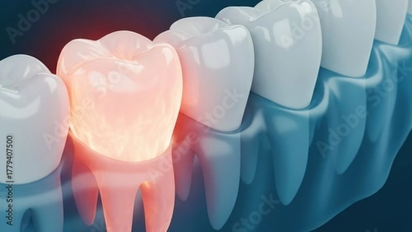 Obraz The row of molars with one glowing painful tooth highlighting inflammation and tooth decay or sensitivity in a clinical blue scene