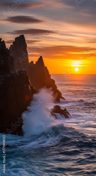 Obraz Waves crashing against rocks at sunset, creating a dramatic ocean scene