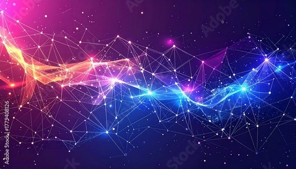 Obraz Abstract digital network flowing with bright colors and connected dots