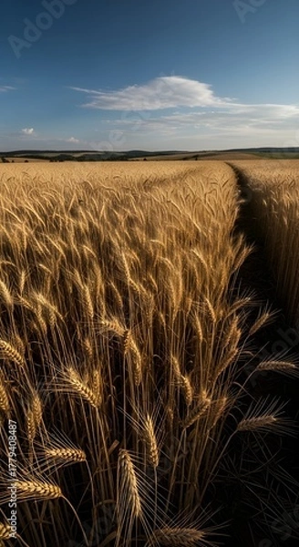 Obraz Golden wheat field under a blue sky with white clouds on a sunny day