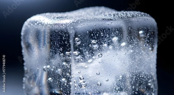 Obraz Closeup of a single ice cube with air bubbles against a dark background
