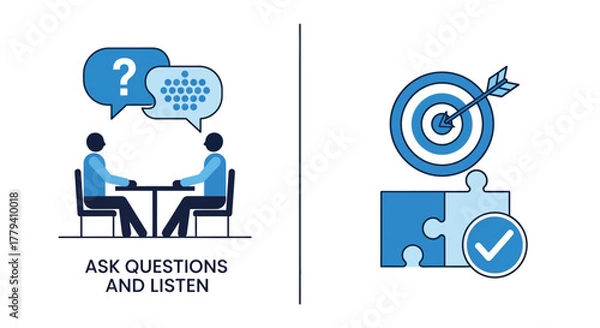 Fototapeta Vector illustration of illustration depicting asking questions and listening, alongside achieving goals with puzzle piece and target