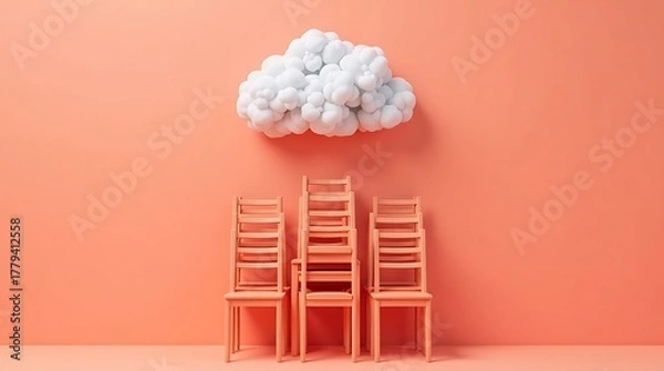 Fototapeta Surreal Orange Chair Stack with Floating Cloud on Monochrome Background
