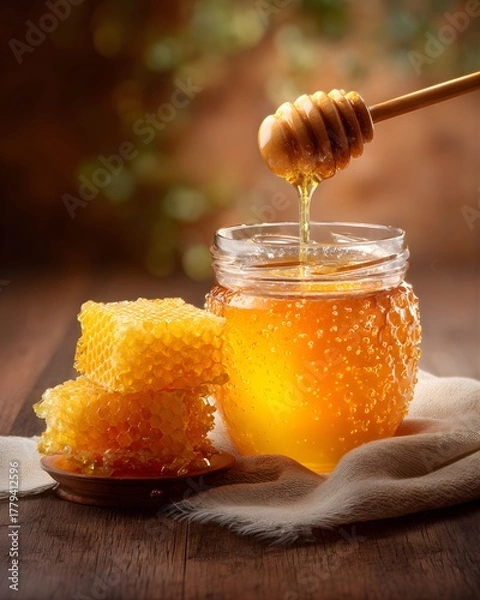 Obraz Golden Honey Dripping from Dipper into Jar Next to Natural Honeycomb on Wooden Table