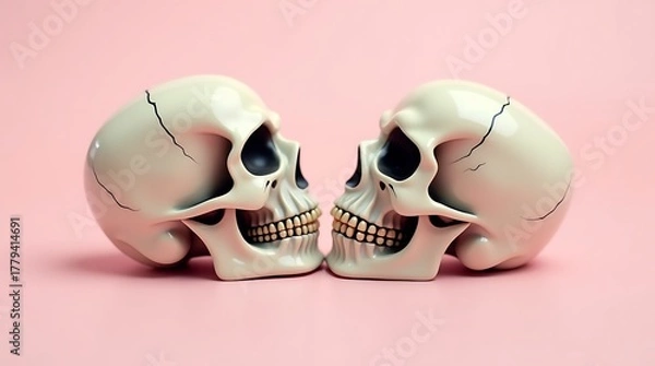 Fototapeta Romantic Skull Art with Floating Heart on Pink Gradient Background