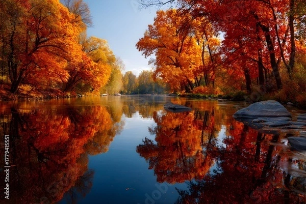 Obraz Stunning Autumn River Landscape with Vibrant Red and Orange Trees Reflected in Calm Water