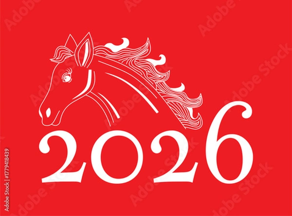 Obraz 2026 Chinese New Year picture. Horse shape combined with 2026 on red background. Linear white horse.