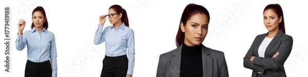 Fototapeta Diverse business professional cutouts: writing, accomplished, skeptical, confident. Ideal for corporate branding, HR, finance, tech, education, marketing, presentations, websites.