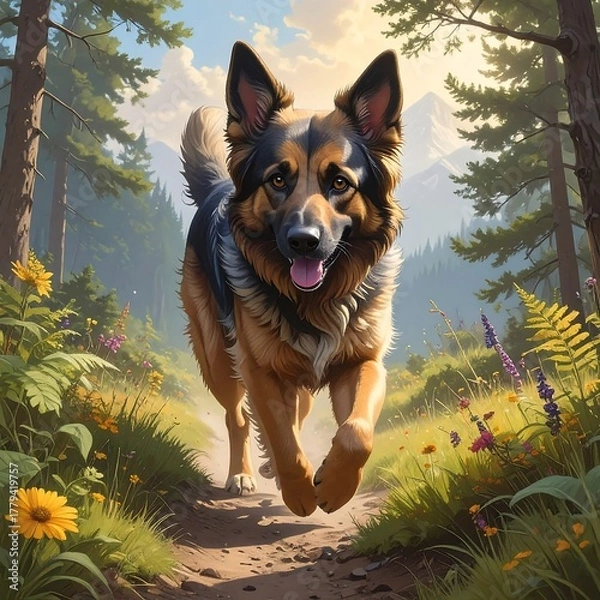 Obraz A German shepherd sprints down a sunlit path, framed by trees