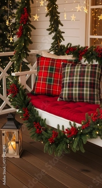 Fototapeta Christmas porch swing decorated with garland and plaid pillows for the holidays