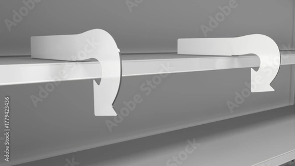 Fototapeta Mockup of retail shelves with arrow-shaped shelf stoppers. 3d illustration
