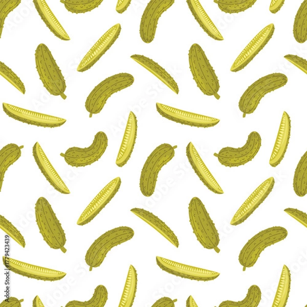 Obraz Pickles seamless pattern. Various pickled cucumbers and cucumber slices on white background. Fermentation of vegetables. Food vector illustration