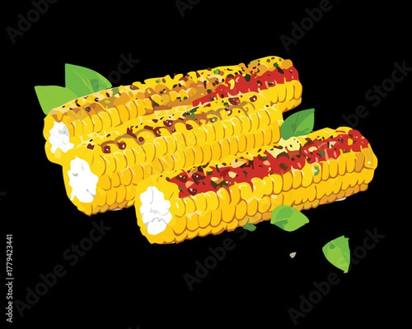 Obraz Three golden pieces of perfectly grilled corn on the cob, simply seasoned and ready to be enjoyed as a summer barbecue side - Vector Illustration