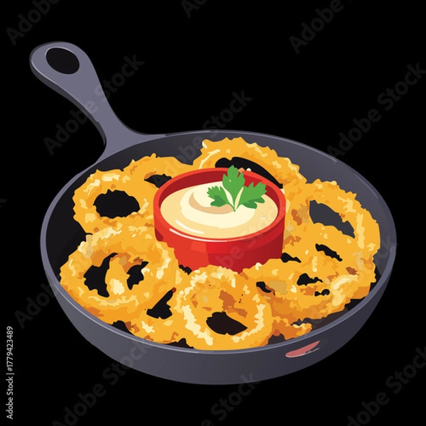 Obraz Crispy golden onion rings, lightly fried and piled high in a black cast iron skillet, a popular American side dish or snack - Vector Illustration
