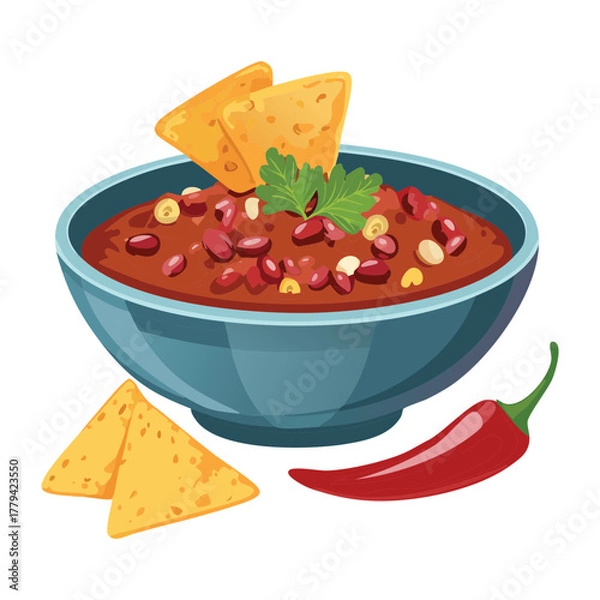 Obraz Hearty bowl of traditional chili, featuring ground meat and beans, topped with triangular tortilla chips and fiery red peppers - Vector Illustration