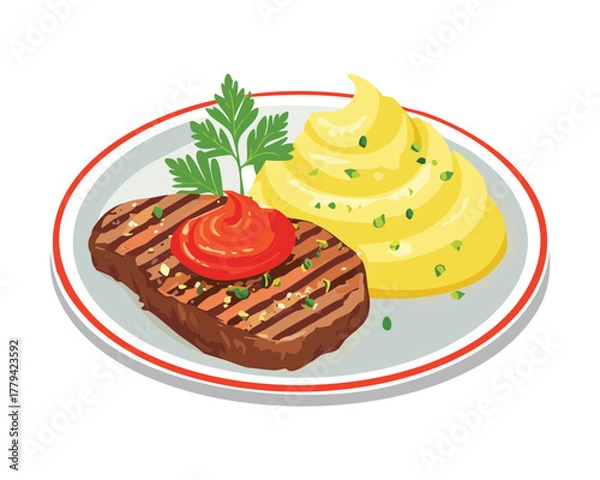 Obraz A perfectly seared steak slice, topped with a grilled tomato and herb garnish, accompanied by a scoop of creamy mashed potatoes - Vector Illustration