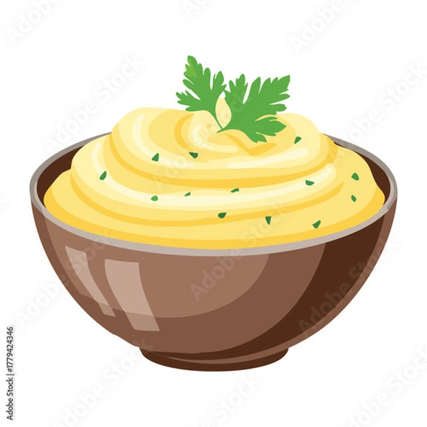 Obraz Fluffy garlic mashed potatoes or smooth hummus elegantly swirled in a brown bowl, garnished with fresh parsley - Vector Illustration