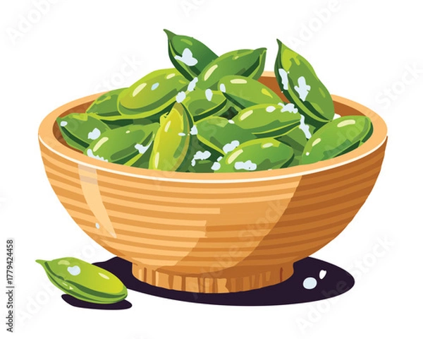 Obraz Fresh green edamame in the pod, lightly salted and piled high in a rustic wooden bowl, ready for a healthy snack - Vector Illustration