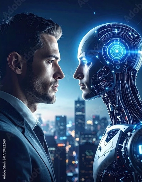 Fototapeta Man and Robot Face Off Future Technology Artificial Intelligence Collaboration.