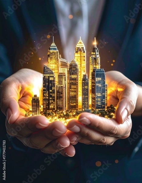 Fototapeta Hands holding a glowing miniature city symbolizing future urban development and investment.