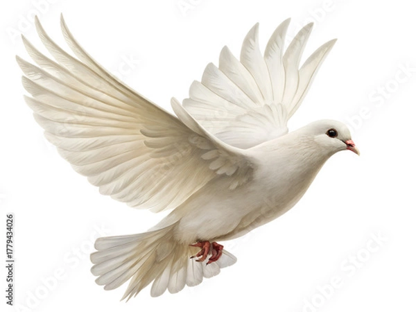 Fototapeta A beautiful white dove flies gracefully with wings spread wide, captured in motion, isolated on a clean transparent background for versatile design use.