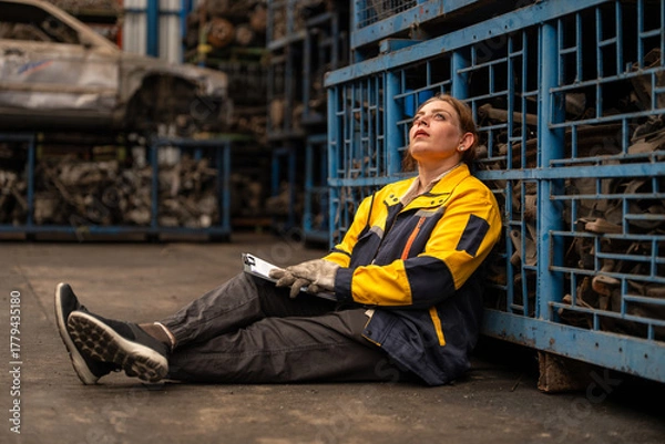 Fototapeta Exhausted female warehouse worker with cardboard sitting in warehouse factory under stress. Stressed woman mechanic sitting in auto workshop with serious concern