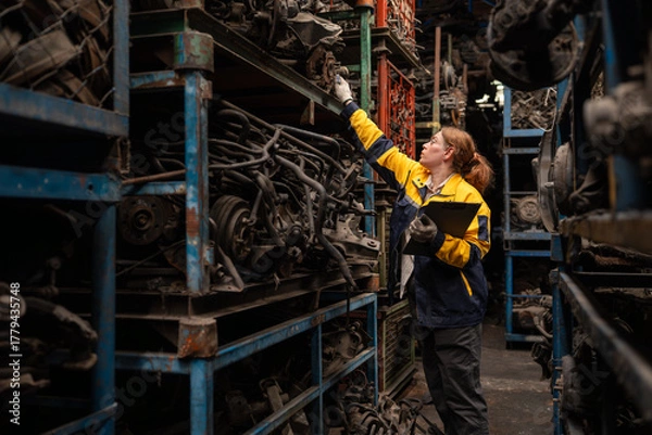 Fototapeta Female warehouse worker with cardboard checking secondhand automotive car spare parts on shelves in warehouse at used car part shop.