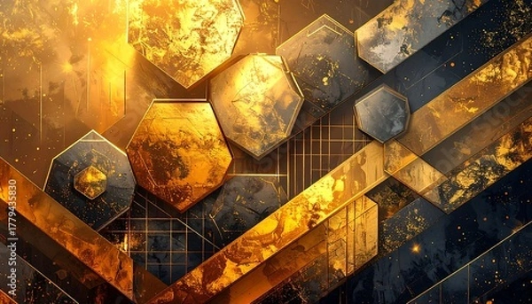 Obraz Abstract golden hexagonal shapes with textures on a dark background
