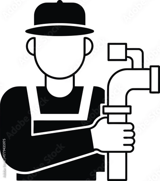 Obraz Plumber avatar holding pipe fitting in black and white illustration