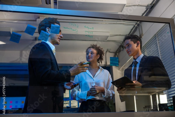 Fototapeta Businessman and businesswoman corporate professional brainstorming , discussing ideas, innovation technology, and writing on glass board in modern office