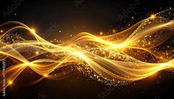 Obraz Abstract golden waves with sparkling light effects on dark background