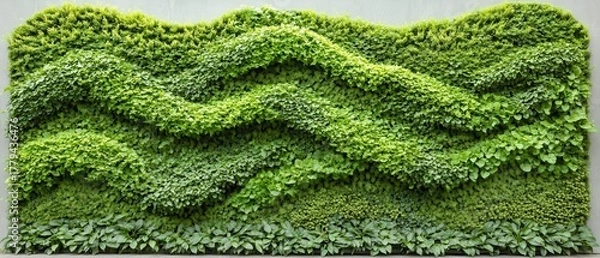 Obraz Lush green plants create wavy patterns on a living wall with varied foliage creating texture and depth.