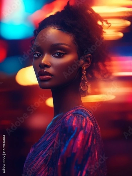 Fototapeta Stunning cinematic portrait of a confident woman in vibrant neon lights. Soft bokeh, rich colors, and dramatic mood create an elegant modern fashion and nightlife atmosphere.