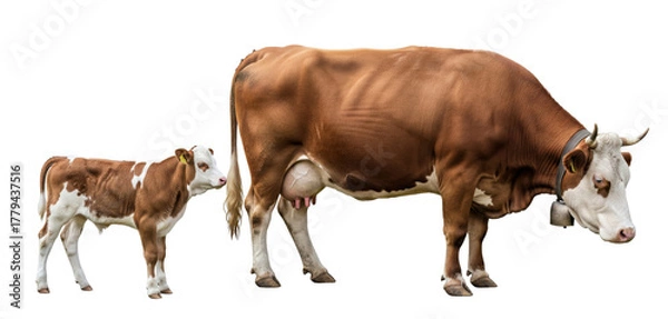 Fototapeta Brown and White Cow and Calf Standing Together Isolated on Black Background Natural Livestock Side View Portrait