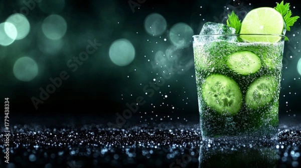 Fototapeta Refreshing cucumber lime drink served with ice in a dazzling green background