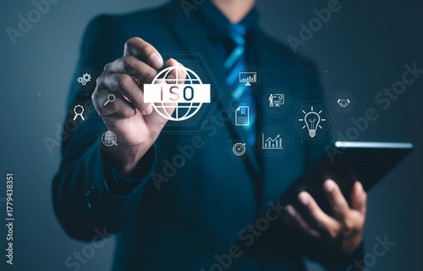 Fototapeta Businessman touching virtual ISO certification icon with digital technology interface, representing quality management, international standard, and business excellence concept.