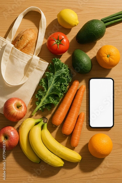 Obraz Grocery Flatlay with Smartphone Mockup on Wooden Table – AI Generated
