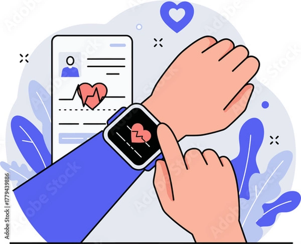 Fototapeta Modern Digital Health Monitoring Featuring Smartwatch and Smartphone App for Real-time Heart Rate Tracking and Personal Wellness Data Management