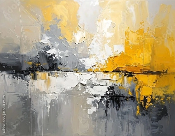 Obraz Abstract landscape of bold strokes, gray, white, and golden yellow hues