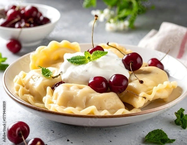 Obraz A plate of pierogi, cherries, and a dollop of creamy sauce