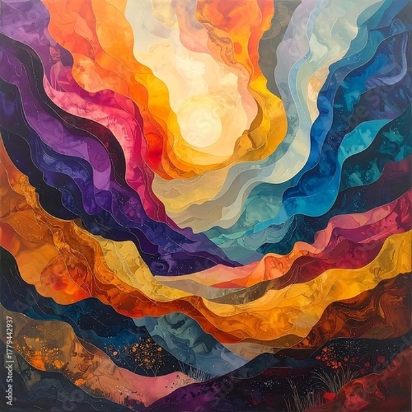 Obraz Abstract landscape of vibrant colors and curved shapes, like a colorful wave