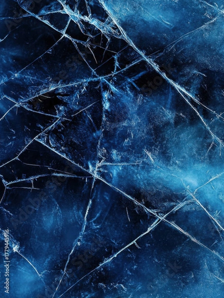 Fototapeta Abstract Blue Cracked Ice Texture, Dark Frozen Surface with Sharp Fracture Lines

