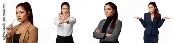 Fototapeta  business woman cutout pack, 25, red hair, in thoughtful, defensive, agreement, questioning poses. Ideal for presentations, marketing, web design, corporate communication.