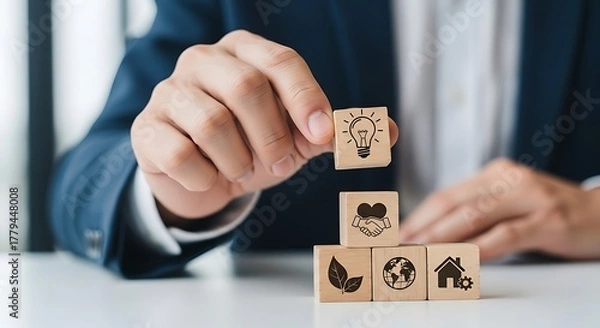 Fototapeta Businessman stacking blocks with ecofriendly icons