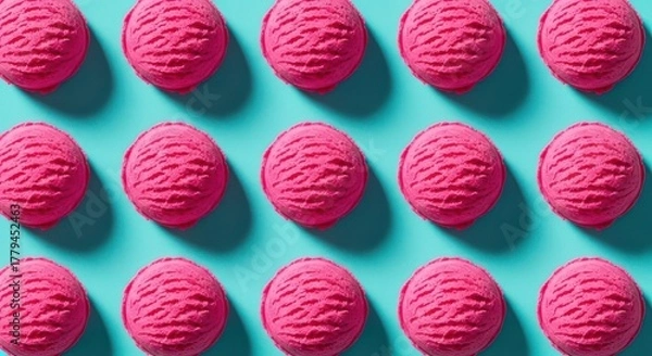 Fototapeta Many scoops of pink ice cream on a blue background