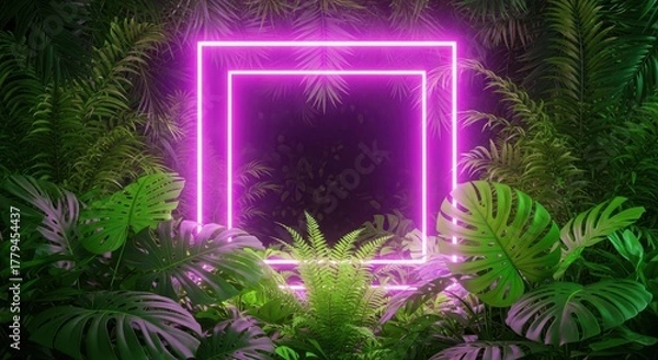 Obraz Neon square frame in tropical jungle with green leaves