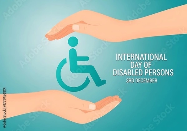 Fototapeta International day of disabled persons on december 3rd, symbolized by hands protecting a disabled person icon, emphasizing care and support