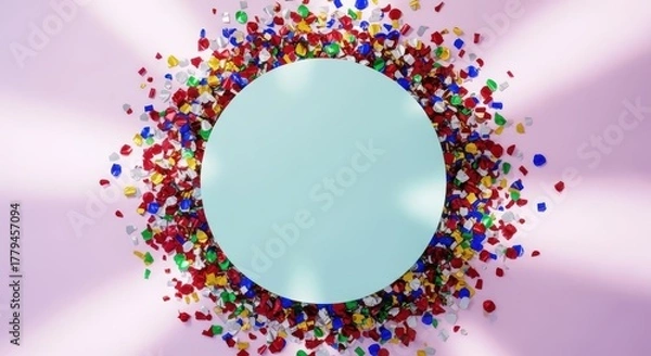 Obraz Colorful confetti around a circle on pink background