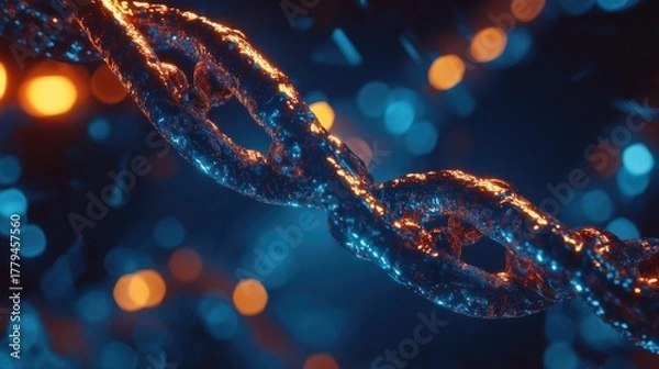 Fototapeta Close-up 3D render of DNA molecule structure glowing with blue and orange light in scientific background.