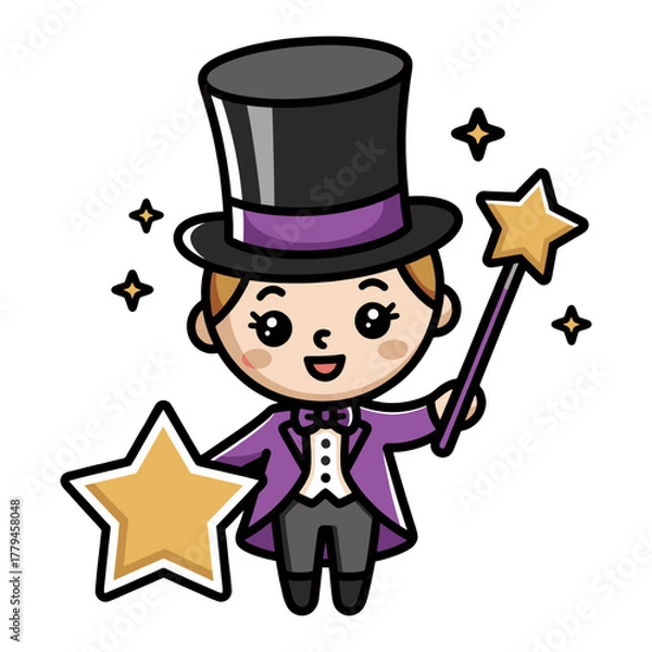 Fototapeta Charming Cartoon Magician with Star Wand and Top Hat.